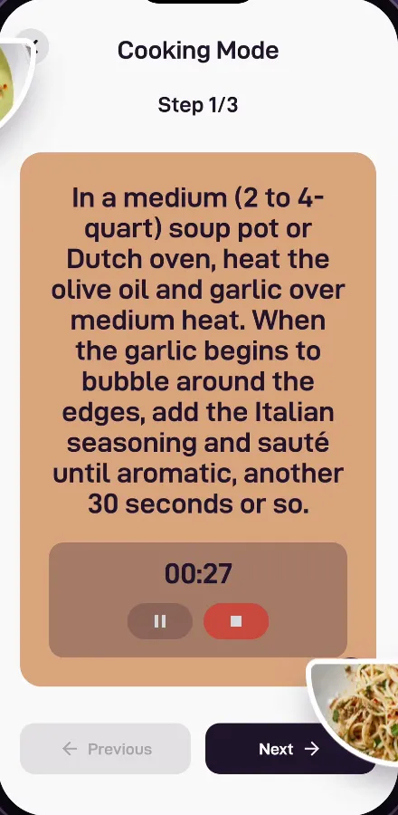 Bites Cook Mode showing a recipe step with a running timer