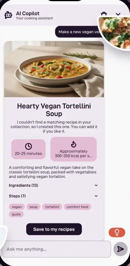 Bites Copilot adapting a recipe to make it vegan