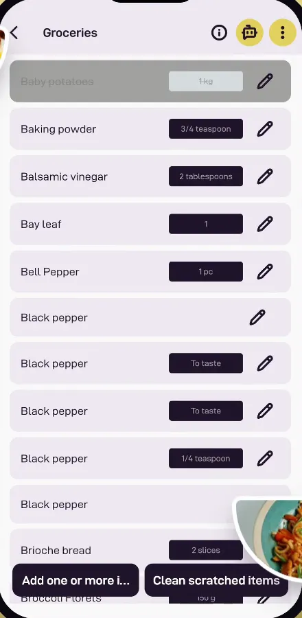 A Bites grocery list built from a weekly meal plan