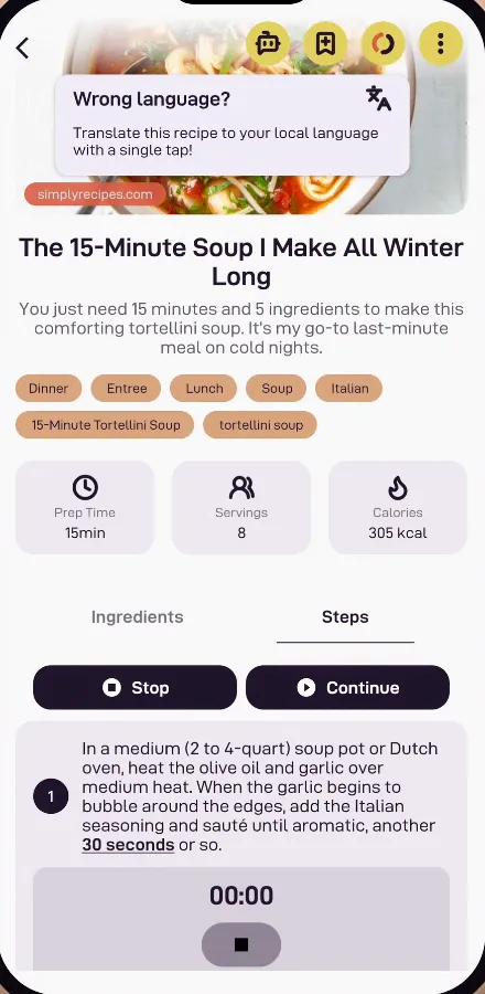 Bites app screen: any language